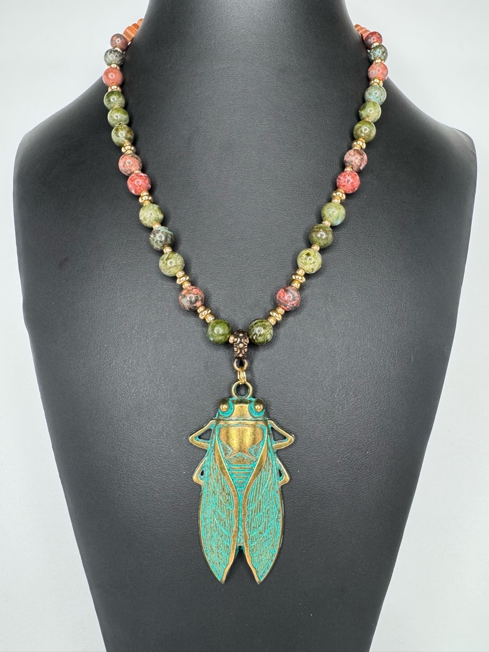 Artisan Verdigris Cicada Pendant Necklace Terra Cubes  & Leopard Skin Jasper 20” - Picture 5 of 8